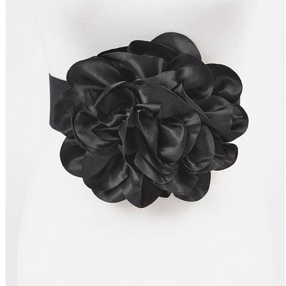 Satin Big Flower Elastic Belt – Black